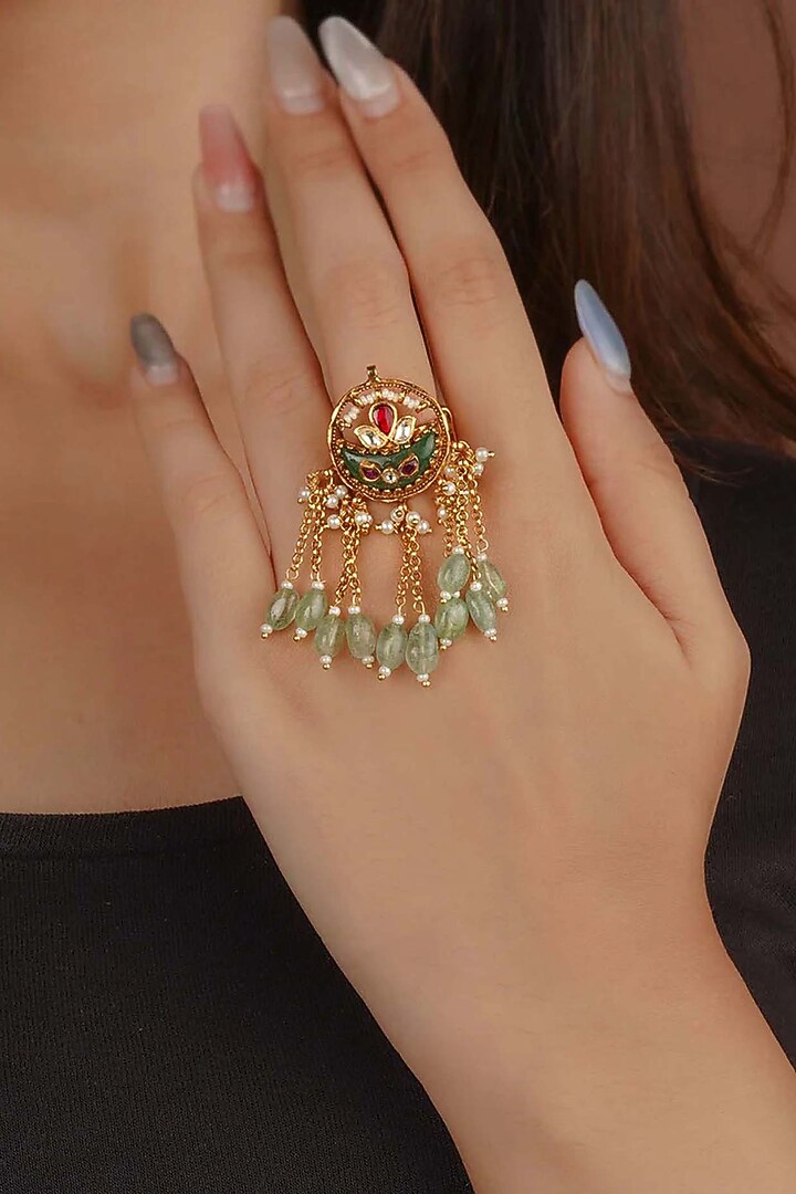 Gold Plated Uncut Polki & Beaded Jadau Ring by Mortantra at Pernia's Pop Up Shop