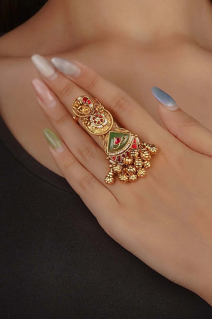 Gold Plated Uncut Polki & Beaded Jadau Ring by Mortantra at Pernia's Pop Up Shop