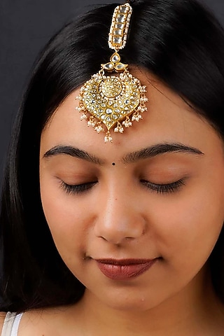 Gold Plated Uncut Polki & Beaded Jadau Maangtikka by Mortantra