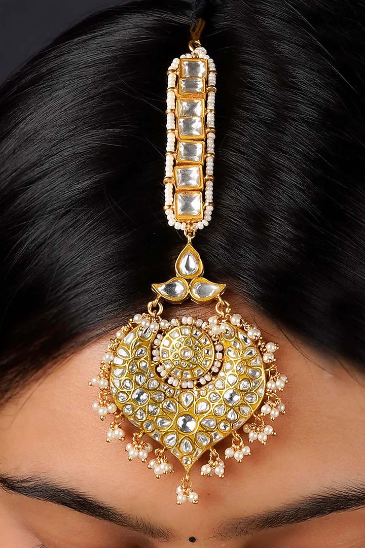Gold Plated Uncut Polki & Beaded Jadau Maangtikka by Mortantra at Pernia's Pop Up Shop