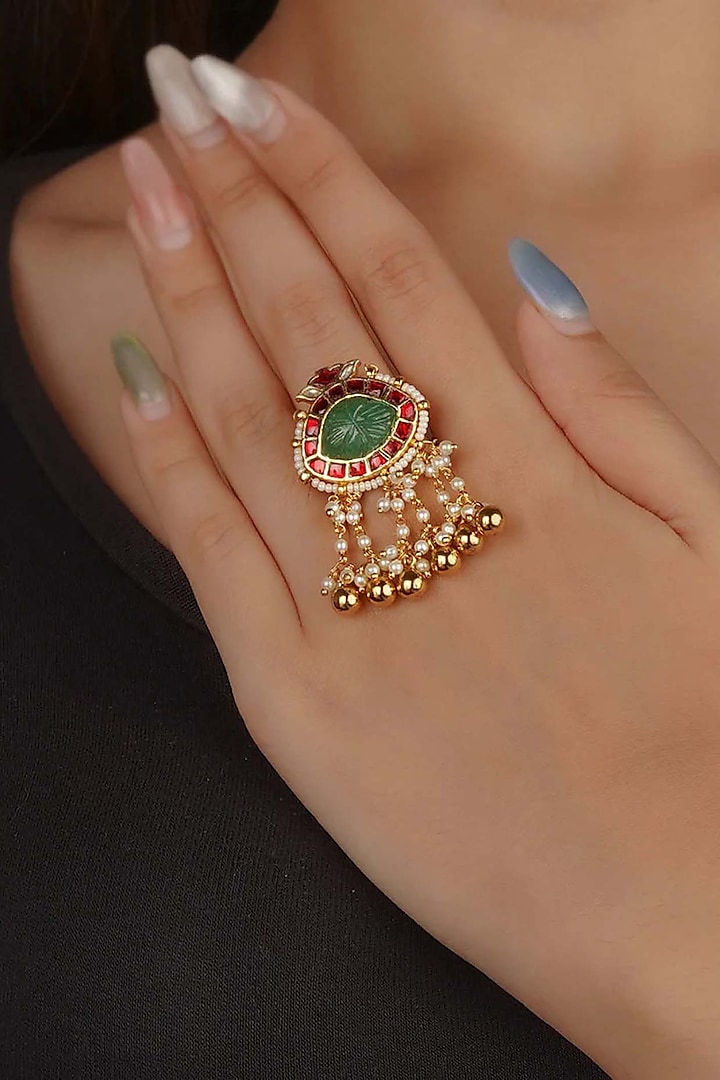 Gold Plated Uncut Polki & Beaded Jadau Ring by Mortantra at Pernia's Pop Up Shop
