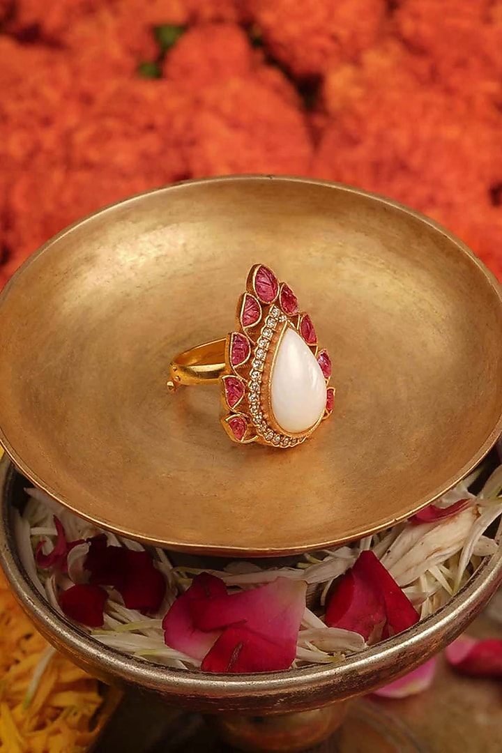 Gold Plated Uncut Polki & Beaded Jadau Ring by Mortantra at Pernia's Pop Up Shop