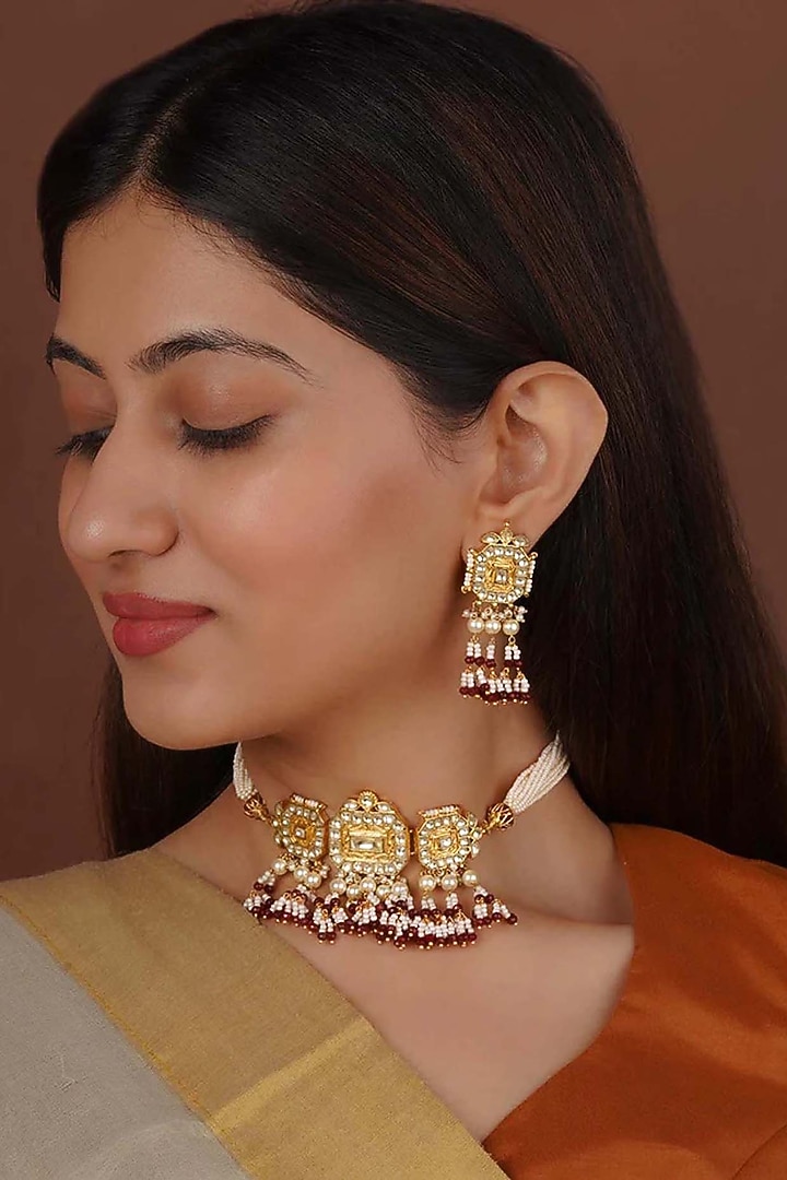 Gold Plated Uncut Polki & Beaded Jadau Choker Necklace Set by Mortantra at Pernia's Pop Up Shop