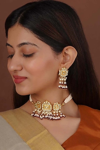 Gold Plated Uncut Polki & Beaded Jadau Choker Necklace Set by Mortantra
