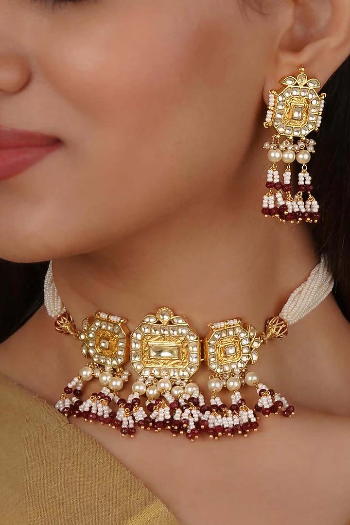 Gold Plated Uncut Polki & Beaded Jadau Choker Necklace Set by Mortantra at Pernia's Pop Up Shop