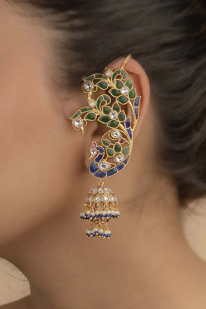 Gold Plated Uncut Polki & Beaded Jadau Dangler Earrings by Mortantra at Pernia's Pop Up Shop