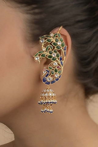 Gold Plated Uncut Polki & Beaded Jadau Dangler Earrings by Mortantra