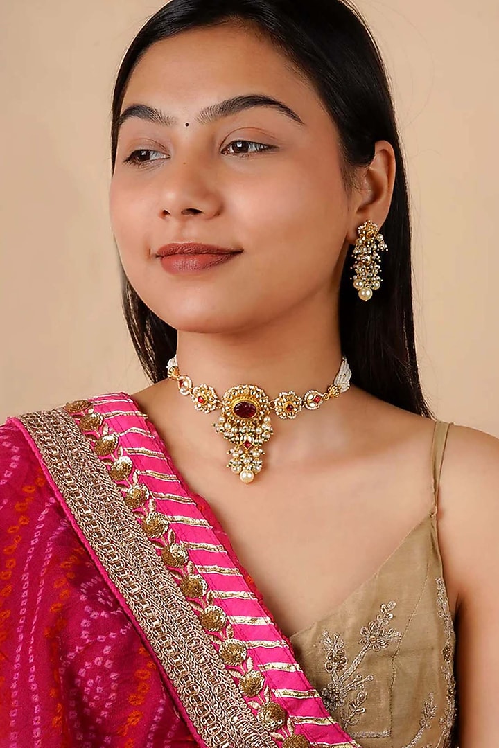 Gold Plated Uncut Polki & Beaded Jadau Choker Necklace Set by Mortantra at Pernia's Pop Up Shop
