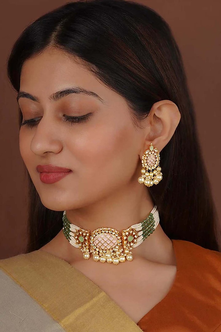 Gold Plated Uncut Polki & Beaded Jadau Choker Necklace Set by Mortantra at Pernia's Pop Up Shop