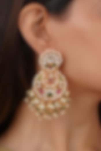 Gold Plated Uncut Polki & Beaded Jadau Dangler Earrings by Mortantra at Pernia's Pop Up Shop