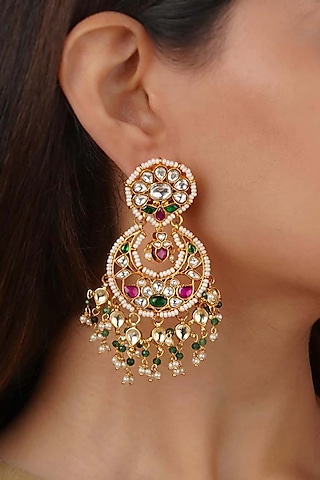 Gold Plated Uncut Polki & Beaded Jadau Dangler Earrings by Mortantra