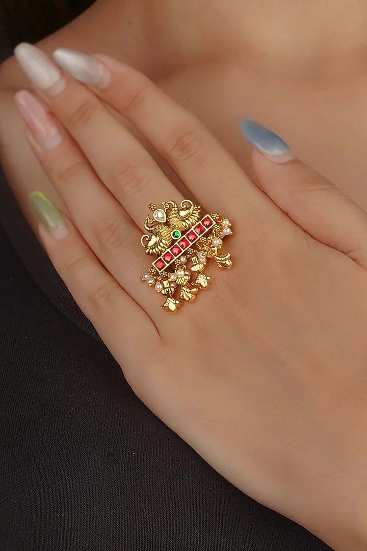 Gold Plated Uncut Polki & Beaded Jadau Ring by Mortantra at Pernia's Pop Up Shop