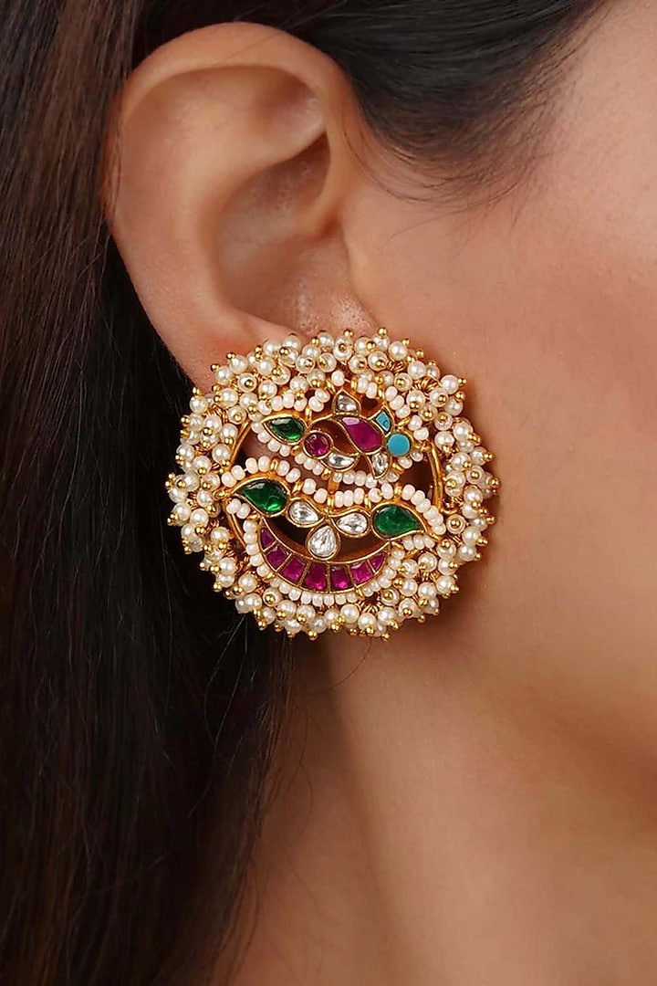 Gold Plated Uncut Polki & Beaded Jadau Stud Earrings by Mortantra at Pernia's Pop Up Shop