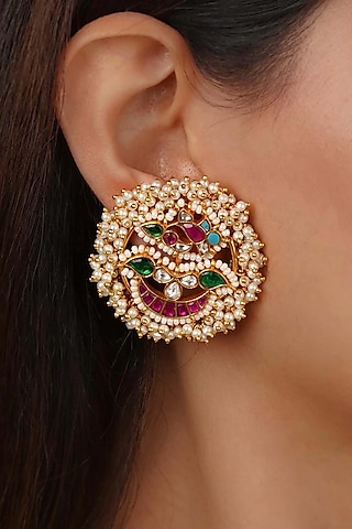 Gold Plated Uncut Polki & Beaded Jadau Stud Earrings by Mortantra