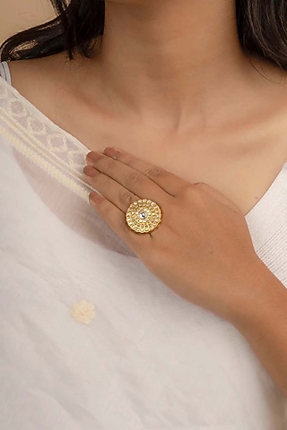 Gold Plated Uncut Polki & Beaded Jadau Ring by Mortantra
