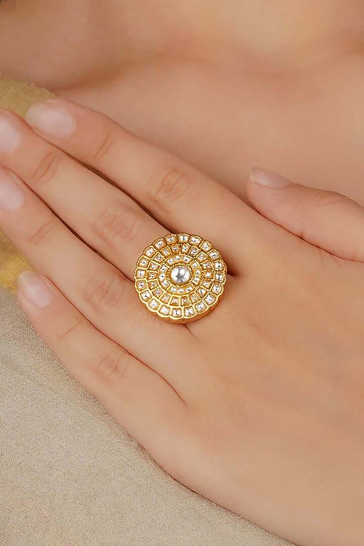 Gold Plated Uncut Polki & Beaded Jadau Ring by Mortantra at Pernia's Pop Up Shop