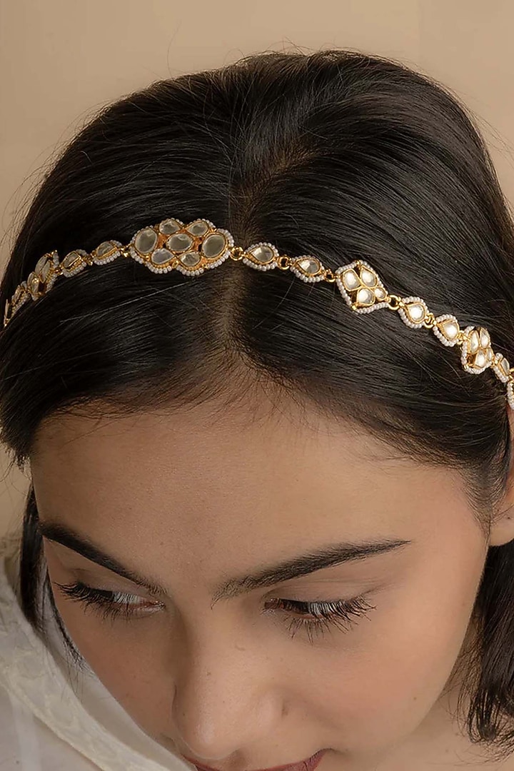 Gold Plated Uncut Polki & Beaded Jadau Mathapatti by Mortantra at Pernia's Pop Up Shop