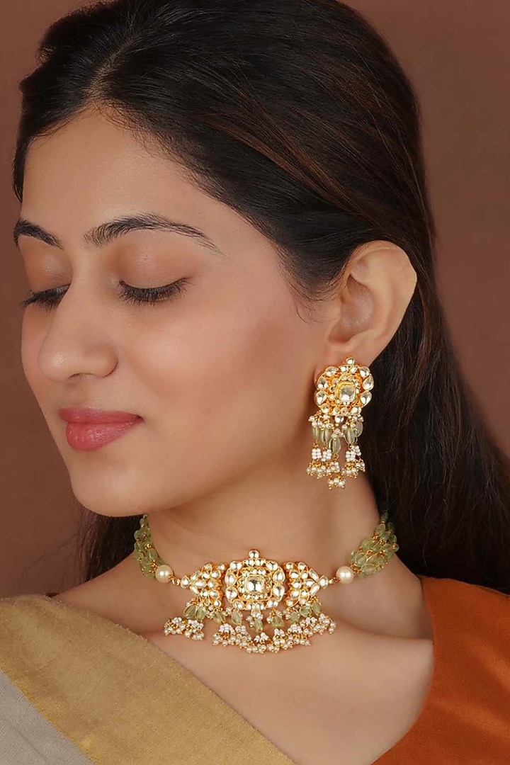 Gold Plated Uncut Polki & Beaded Jadau Choker Necklace Set by Mortantra at Pernia's Pop Up Shop