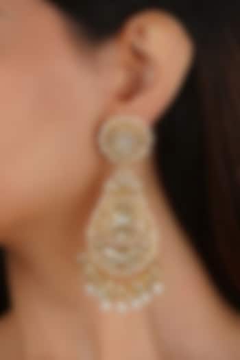 Gold Plated Uncut Polki & Beaded Jadau Dangler Earrings by Mortantra at Pernia's Pop Up Shop