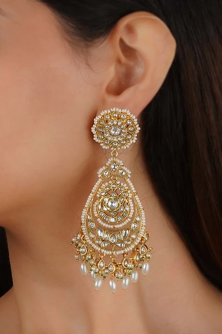 Gold Plated Uncut Polki & Beaded Jadau Dangler Earrings by Mortantra at Pernia's Pop Up Shop
