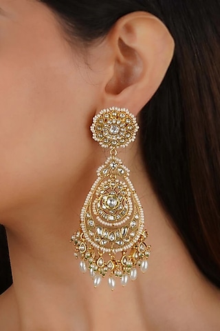 Gold Plated Uncut Polki & Beaded Jadau Dangler Earrings by Mortantra