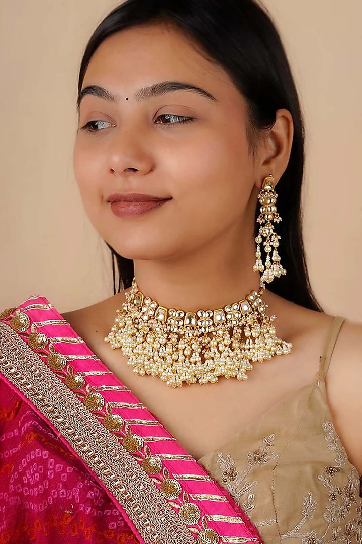 Gold Plated Uncut Polki & Beaded Jadau Choker Necklace Set by Mortantra at Pernia's Pop Up Shop