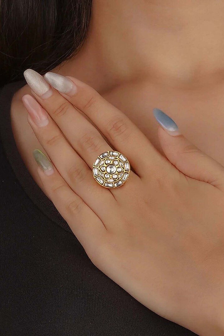 Gold Plated Uncut Polki & Beaded Jadau Ring by Mortantra at Pernia's Pop Up Shop