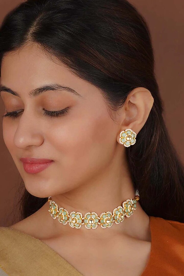 Gold Plated Uncut Polki & Beaded Jadau Choker Necklace Set by Mortantra at Pernia's Pop Up Shop