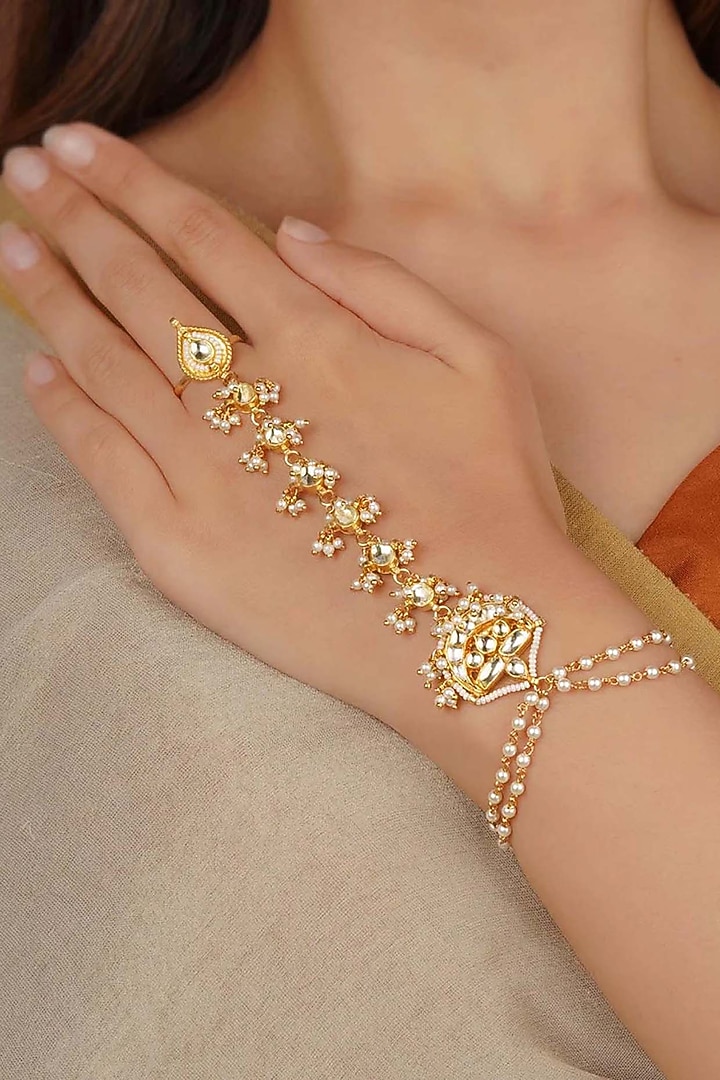 Gold Plated Uncut Polki & Beaded Jadau Haathphool by Mortantra at Pernia's Pop Up Shop