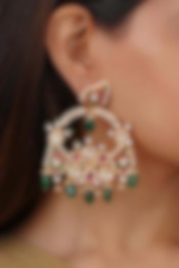 Gold Plated Uncut Polki & Beaded Jadau Dangler Earrings by Mortantra at Pernia's Pop Up Shop