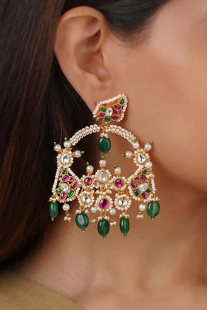 Gold Plated Uncut Polki & Beaded Jadau Dangler Earrings by Mortantra at Pernia's Pop Up Shop