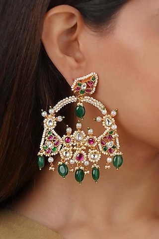 Gold Plated Uncut Polki & Beaded Jadau Dangler Earrings by Mortantra