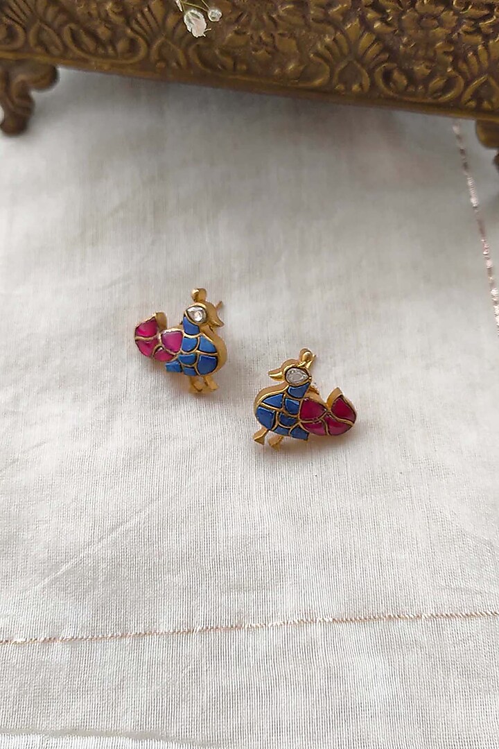 Gold Plated Uncut Polki & Beaded Jadau Stud Earrings by Mortantra at Pernia's Pop Up Shop