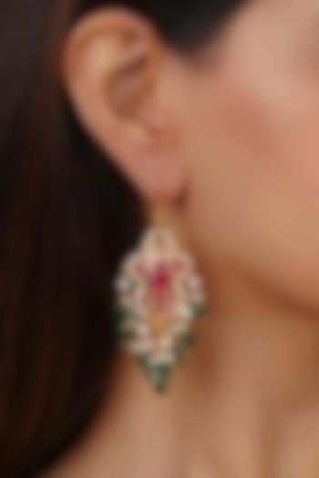 Gold Plated Uncut Polki & Beaded Jadau Dangler Earrings by Mortantra at Pernia's Pop Up Shop