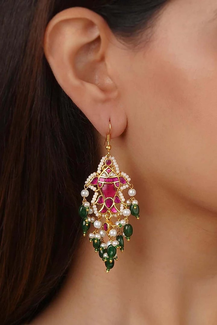 Gold Plated Uncut Polki & Beaded Jadau Dangler Earrings by Mortantra at Pernia's Pop Up Shop
