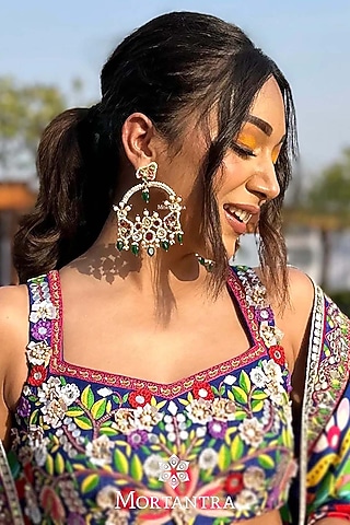 Gold Plated Uncut Polki & Beaded Jadau Dangler Earrings by Mortantra