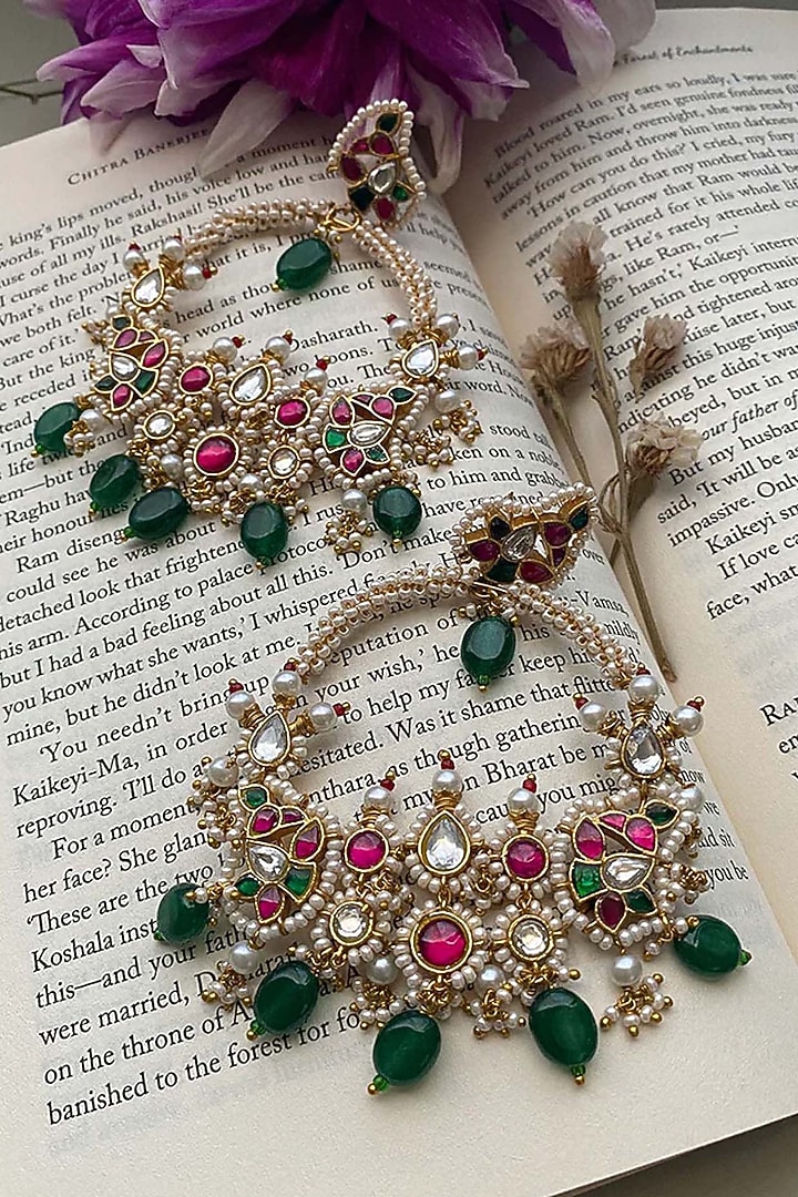 Gold Plated Uncut Polki & Beaded Jadau Dangler Earrings by Mortantra at Pernia's Pop Up Shop