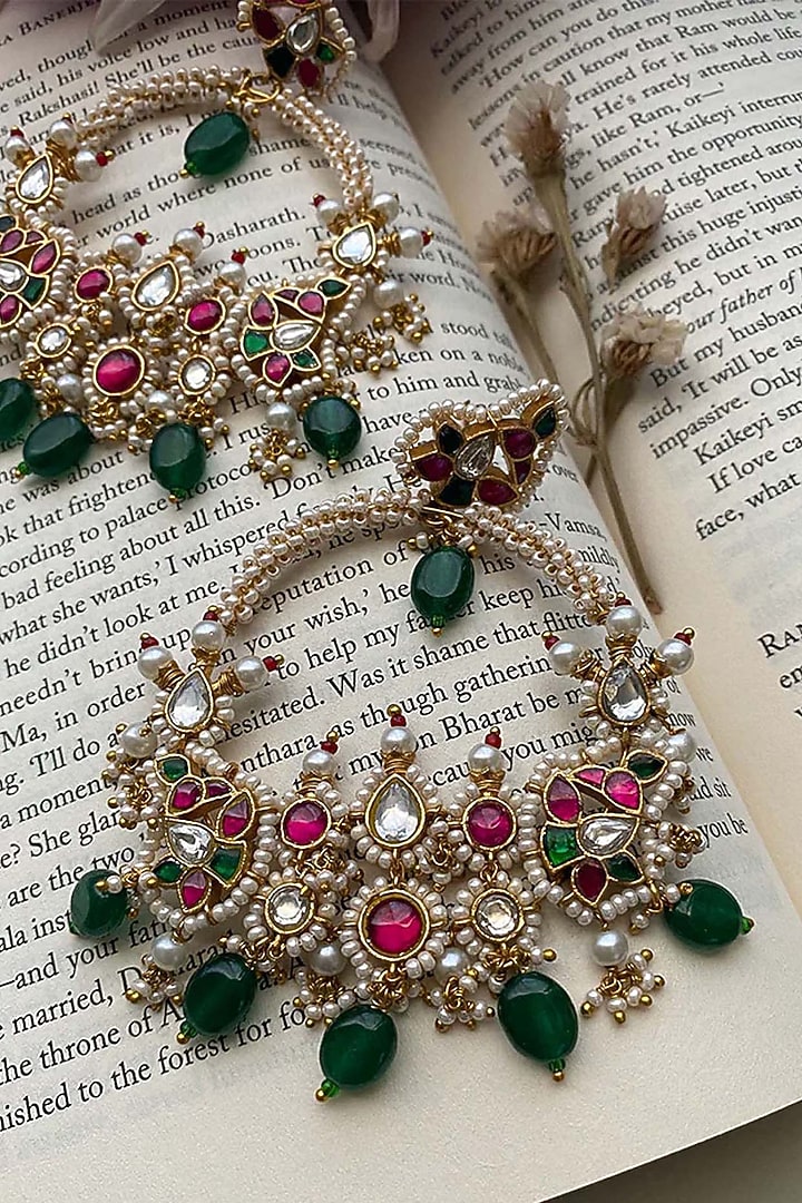 Gold Plated Uncut Polki & Beaded Jadau Dangler Earrings by Mortantra at Pernia's Pop Up Shop