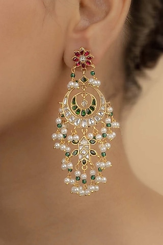 Gold Plated Uncut Polki & Beaded Jadau Dangler Earrings by Mortantra