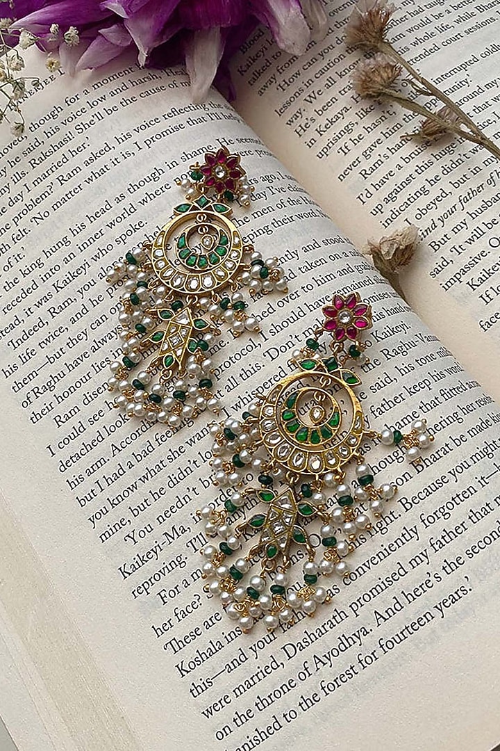 Gold Plated Uncut Polki & Beaded Jadau Dangler Earrings by Mortantra at Pernia's Pop Up Shop