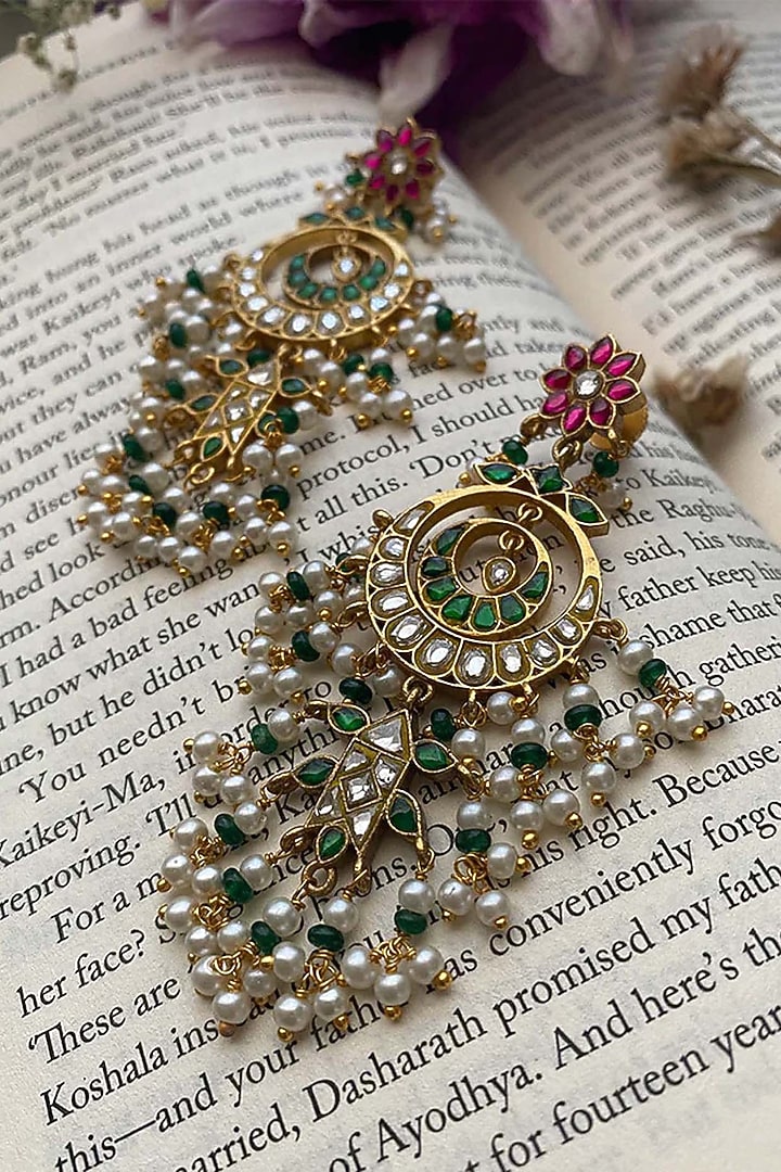 Gold Plated Uncut Polki & Beaded Jadau Dangler Earrings by Mortantra at Pernia's Pop Up Shop
