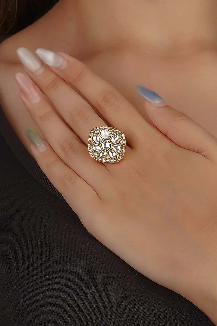 Gold Plated Uncut Polki & Beaded Jadau Ring by Mortantra at Pernia's Pop Up Shop