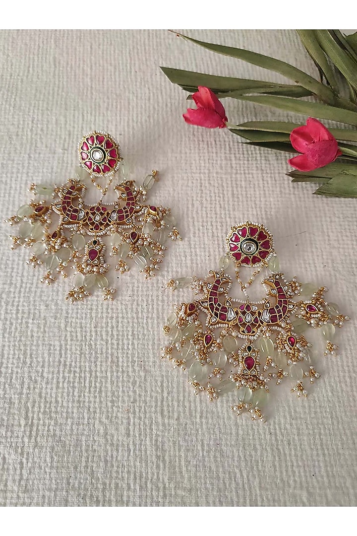 Gold Plated Uncut Polki & Beaded Jadau Dangler Earrings by Mortantra at Pernia's Pop Up Shop