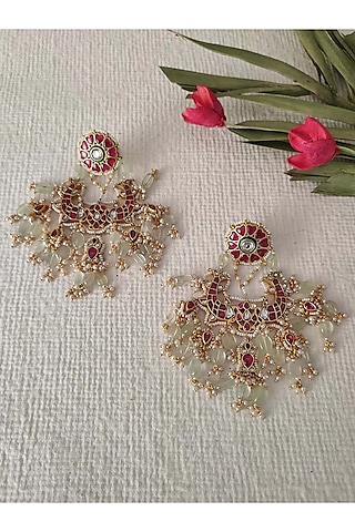 Gold Plated Uncut Polki & Beaded Jadau Dangler Earrings by Mortantra