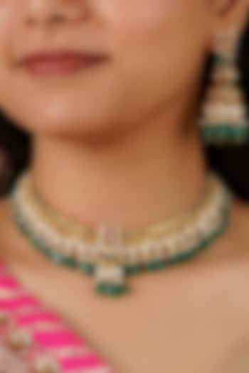 Gold Plated Uncut Polki & Beaded Jadau Choker Necklace Set by Mortantra at Pernia's Pop Up Shop