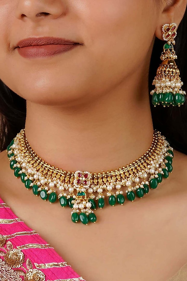 Gold Plated Uncut Polki & Beaded Jadau Choker Necklace Set by Mortantra at Pernia's Pop Up Shop