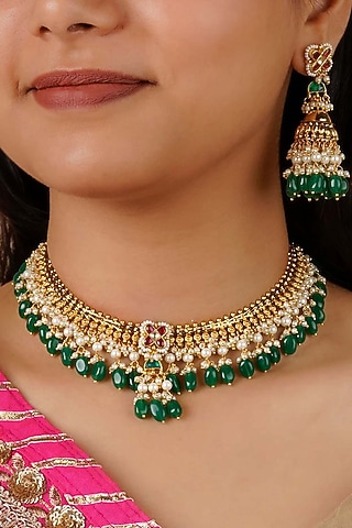 Gold Plated Uncut Polki & Beaded Jadau Choker Necklace Set by Mortantra