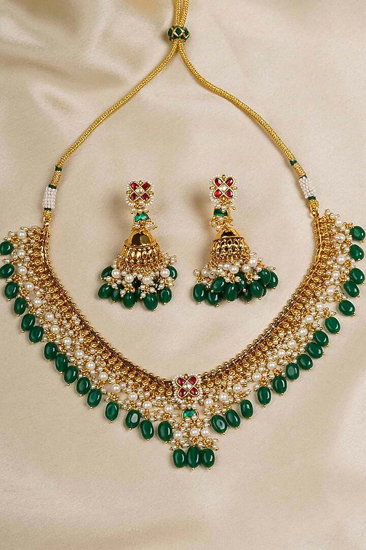 Gold Plated Uncut Polki & Beaded Jadau Choker Necklace Set by Mortantra at Pernia's Pop Up Shop