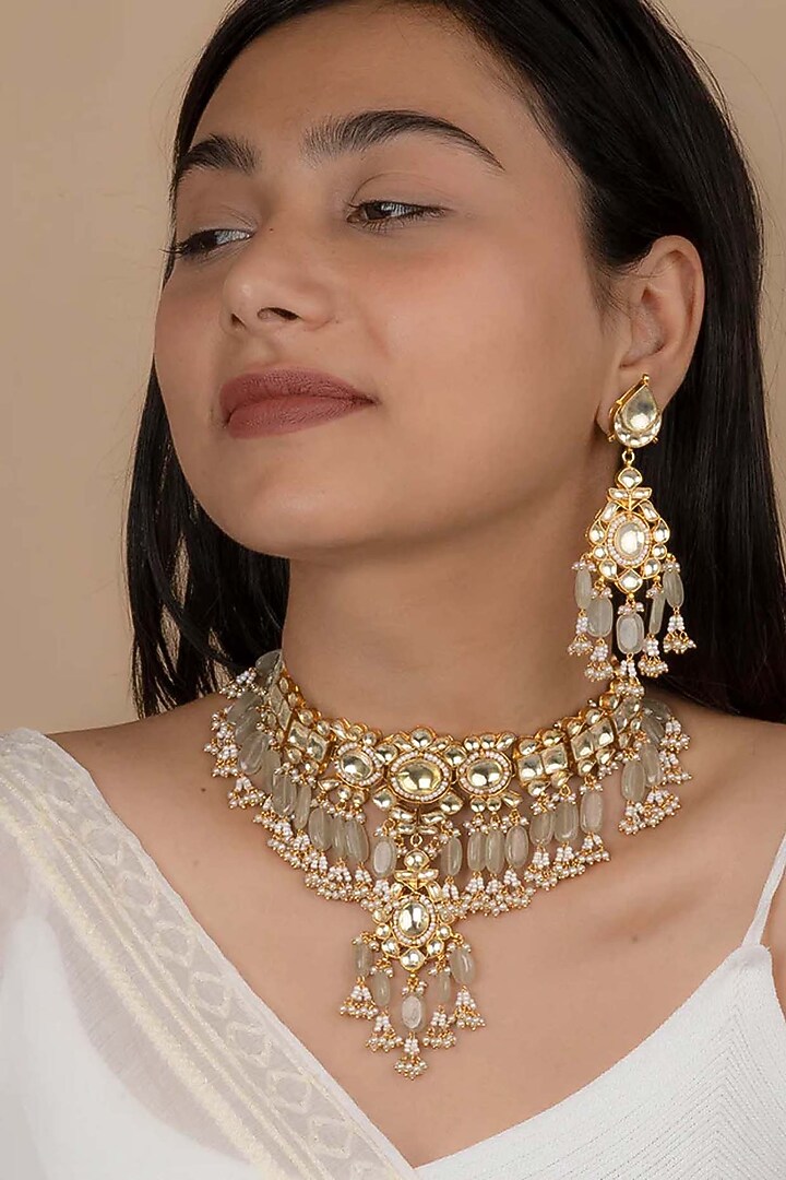 Gold Plated Uncut Polki & Beaded Jadau Necklace Set by Mortantra at Pernia's Pop Up Shop