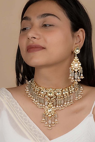 Gold Plated Uncut Polki & Beaded Jadau Necklace Set by Mortantra